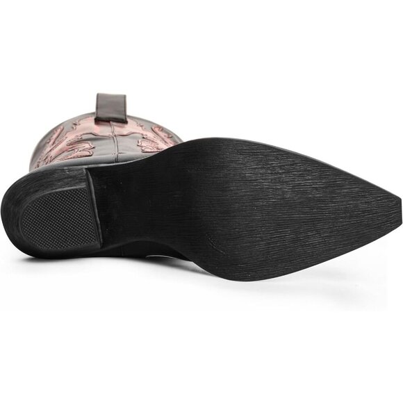 Women's Black Red Mid Calf Knee High Pointed Toe Dressy Cowgirl Western Boots - Picture 6 of 6